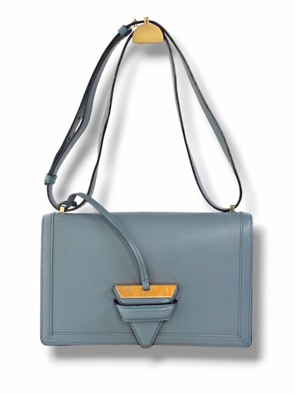 LOEWE Barcelona Leather Shoulder Bag in Dark Blue with Gold Accents